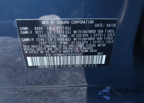 2025 Subaru Ascent Touring 7-Passenger z USA, uszkodzony, nr VIN 4S4WMAUD1S3442932